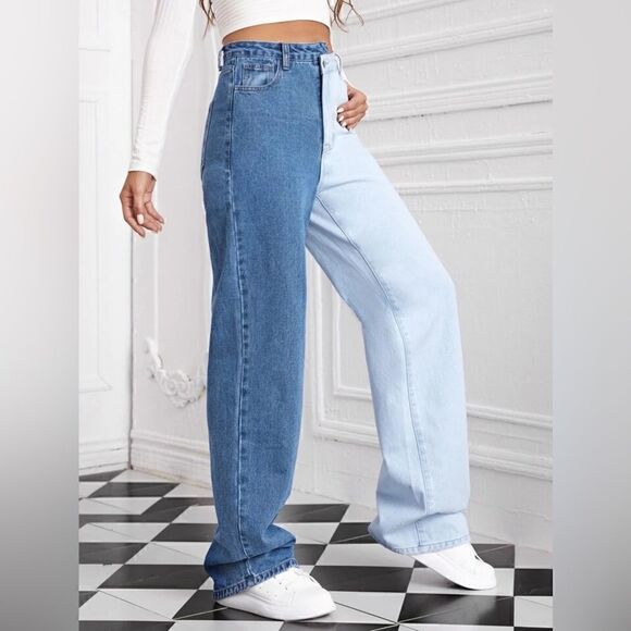 Trendy Shein High Waist Two-Tone Wide Leg Jeans - Picture 5 of 6